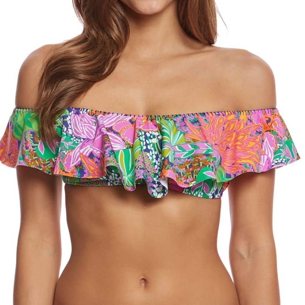 5x$25 Trina Turk tropic escape off the shoulder ruffle dandeau bikini top size 4